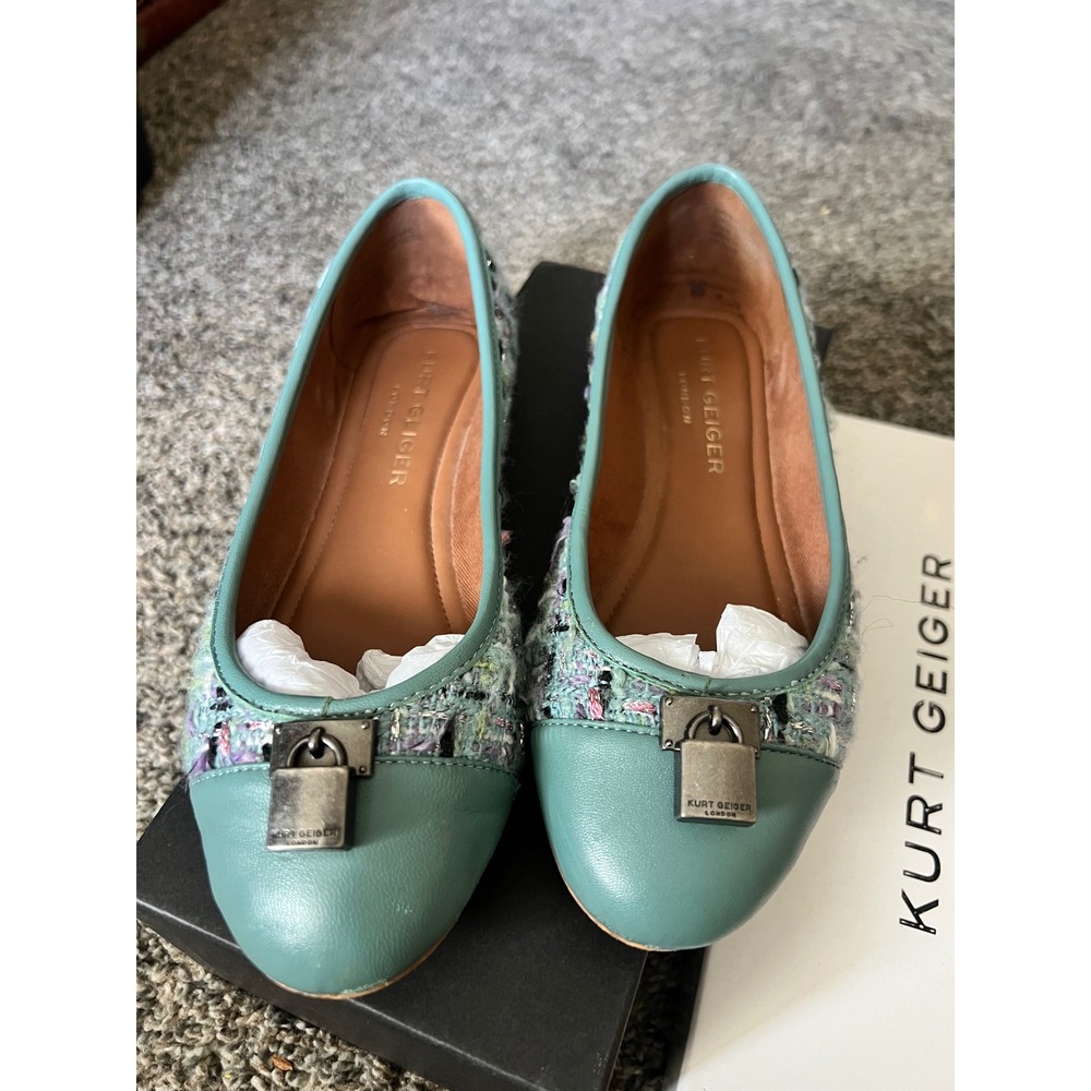 Kurt Geiger London Brixton Ballerina Tweed Padlock Flats Mid Blue 37 US 7